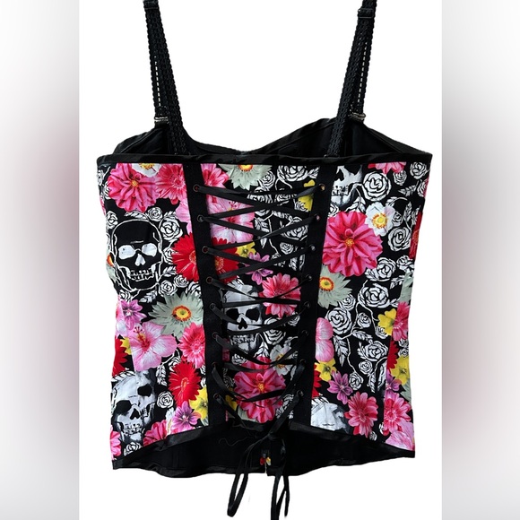Hell Bunny Boned Corset Bustier Top Skull Floral Day of the Dead Gothic Size M - Picture 4 of 14